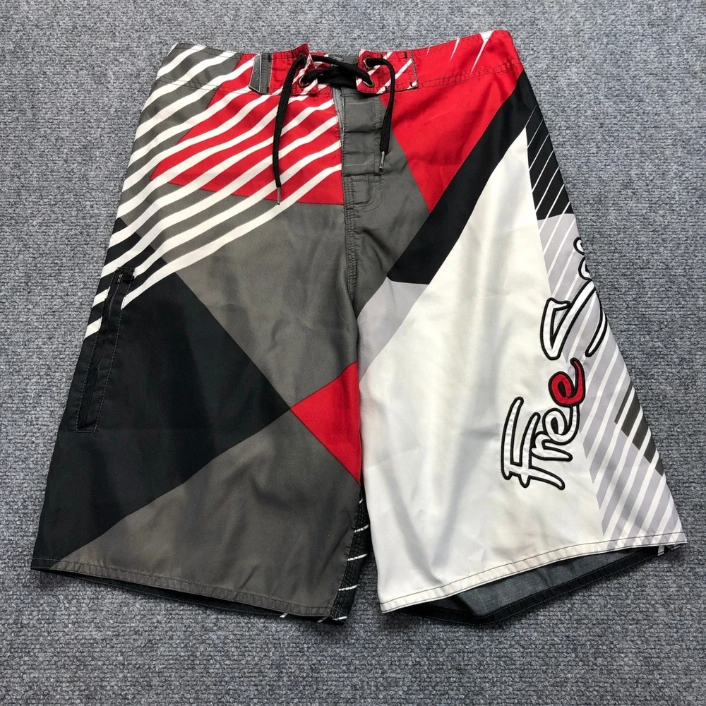 Free Spirit Limited Mens Board Shorts Red Black White Geometric Swim Trunks M